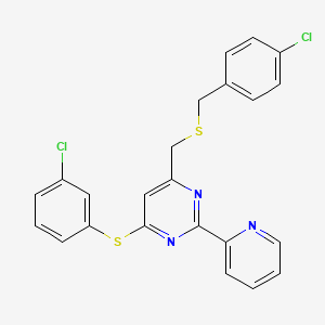 molecular formula C23H17Cl2N3S2 B3036052 4-(((4-Chlorobenzyl)sulfanyl)methyl)-6-((3-chlorophenyl)sulfanyl)-2-(2-pyridinyl)pyrimidine CAS No. 338961-02-7