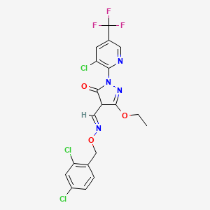 molecular formula C19H14Cl3F3N4O3 B3036341 2-[3-Chloro-5-(trifluoromethyl)pyridin-2-yl]-4-[(E)-(2,4-dichlorophenyl)methoxyiminomethyl]-5-ethoxy-4H-pyrazol-3-one CAS No. 339106-54-6