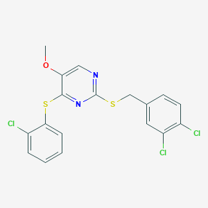 molecular formula C18H13Cl3N2OS2 B3036369 4-[(2-Chlorophenyl)sulfanyl]-2-[(3,4-dichlorobenzyl)sulfanyl]-5-pyrimidinyl methyl ether CAS No. 339276-08-3