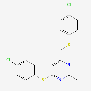 molecular formula C18H14Cl2N2S2 B3036387 4-Chlorophenyl 6-{[(4-chlorophenyl)sulfanyl]methyl}-2-methyl-4-pyrimidinyl sulfide CAS No. 339278-78-3