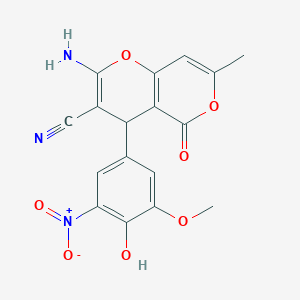 molecular formula C17H13N3O7 B3036398 2-amino-4-(4-hydroxy-3-methoxy-5-nitrophenyl)-7-methyl-5-oxo-4H,5H-pyrano[4,3-b]pyran-3-carbonitrile CAS No. 340808-03-9