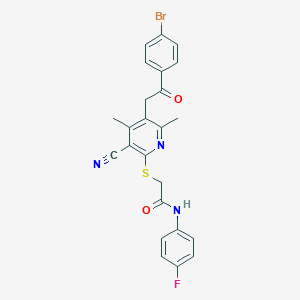 molecular formula C24H19BrFN3O2S B303640 2-({5-[2-(4-bromophenyl)-2-oxoethyl]-3-cyano-4,6-dimethyl-2-pyridinyl}sulfanyl)-N-(4-fluorophenyl)acetamide 