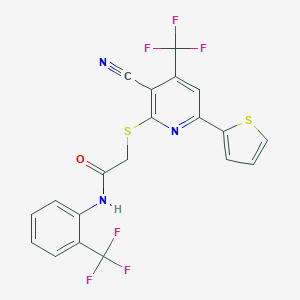 molecular formula C20H11F6N3OS2 B303642 2-{[3-cyano-6-(2-thienyl)-4-(trifluoromethyl)-2-pyridinyl]sulfanyl}-N-[2-(trifluoromethyl)phenyl]acetamide 