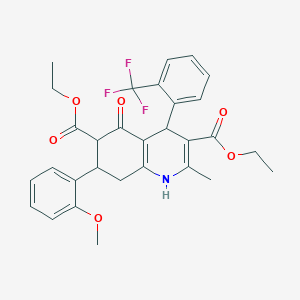 molecular formula C30H30F3NO6 B303657 Diethyl 7-(2-methoxyphenyl)-2-methyl-5-oxo-4-[2-(trifluoromethyl)phenyl]-1,4,5,6,7,8-hexahydro-3,6-quinolinedicarboxylate 