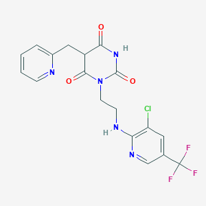molecular formula C18H15ClF3N5O3 B3036762 1-[2-[[3-Chloro-5-(trifluoromethyl)pyridin-2-yl]amino]ethyl]-5-(pyridin-2-ylmethyl)-1,3-diazinane-2,4,6-trione CAS No. 400078-17-3