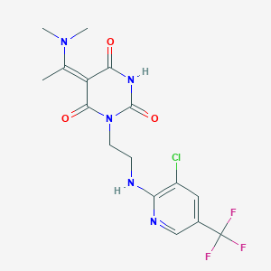 molecular formula C16H17ClF3N5O3 B3036978 1-(2-{[3-chloro-5-(trifluoromethyl)-2-pyridinyl]amino}ethyl)-5-[1-(dimethylamino)ethylidene]-2,4,6(1H,3H,5H)-pyrimidinetrione CAS No. 400088-40-6