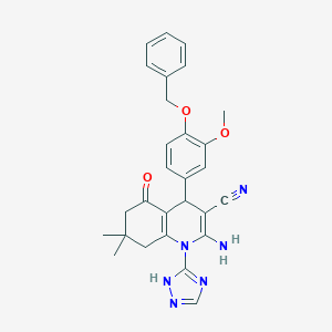 molecular formula C28H28N6O3 B303700 2-amino-4-[4-(benzyloxy)-3-methoxyphenyl]-7,7-dimethyl-5-oxo-1-(1H-1,2,4-triazol-3-yl)-1,4,5,6,7,8-hexahydro-3-quinolinecarbonitrile 