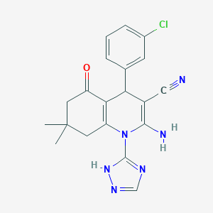 molecular formula C20H19ClN6O B303702 2-amino-4-(3-chlorophenyl)-7,7-dimethyl-5-oxo-1-(1H-1,2,4-triazol-3-yl)-1,4,5,6,7,8-hexahydro-3-quinolinecarbonitrile 