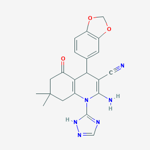 molecular formula C21H20N6O3 B303716 2-Amino-4-(1,3-benzodioxol-5-YL)-7,7-dimethyl-5-oxo-1-(1H-1,2,4-triazol-5-YL)-1,4,5,6,7,8-hexahydro-3-quinolinecarbonitrile 