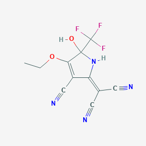 molecular formula C11H7F3N4O2 B3037243 2-[3-cyano-4-ethoxy-5-hydroxy-5-(trifluoromethyl)-1H-pyrrol-2-ylidene]propanedinitrile CAS No. 477846-23-4