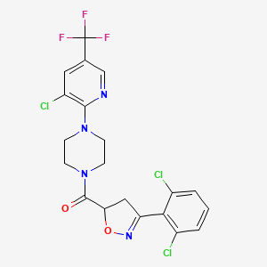 molecular formula C20H16Cl3F3N4O2 B3037253 [4-[3-Chloro-5-(trifluoromethyl)pyridin-2-yl]piperazin-1-yl]-[3-(2,6-dichlorophenyl)-4,5-dihydro-1,2-oxazol-5-yl]methanone CAS No. 477848-50-3