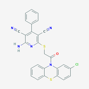 molecular formula C27H16ClN5OS2 B303726 2-amino-6-{[2-(2-chloro-10H-phenothiazin-10-yl)-2-oxoethyl]sulfanyl}-4-phenyl-3,5-pyridinedicarbonitrile 