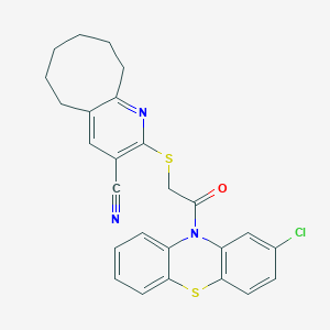 molecular formula C26H22ClN3OS2 B303727 2-{[2-(2-chloro-10H-phenothiazin-10-yl)-2-oxoethyl]sulfanyl}-5,6,7,8,9,10-hexahydrocycloocta[b]pyridine-3-carbonitrile 