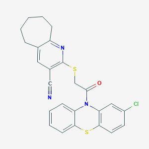 molecular formula C25H20ClN3OS2 B303728 2-{[2-(2-chloro-10H-phenothiazin-10-yl)-2-oxoethyl]sulfanyl}-6,7,8,9-tetrahydro-5H-cyclohepta[b]pyridine-3-carbonitrile 