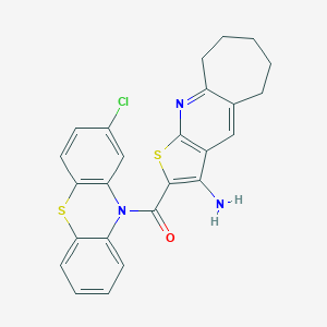 molecular formula C25H20ClN3OS2 B303731 2-[(2-chloro-10H-phenothiazin-10-yl)carbonyl]-6,7,8,9-tetrahydro-5H-cyclohepta[b]thieno[3,2-e]pyridin-3-ylamine 