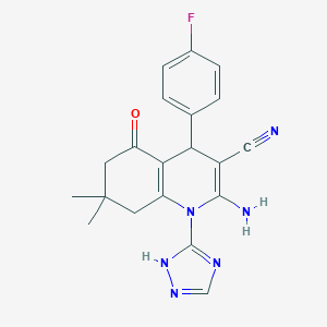 molecular formula C20H19FN6O B303760 2-amino-4-(4-fluorophenyl)-7,7-dimethyl-5-oxo-1-(1H-1,2,4-triazol-3-yl)-1,4,5,6,7,8-hexahydro-3-quinolinecarbonitrile 