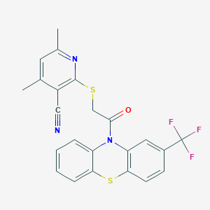 molecular formula C23H16F3N3OS2 B303776 4,6-dimethyl-2-({2-oxo-2-[2-(trifluoromethyl)-10H-phenothiazin-10-yl]ethyl}sulfanyl)nicotinonitrile 