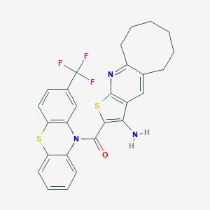molecular formula C27H22F3N3OS2 B303789 (3-amino-5,6,7,8,9,10-hexahydrocycloocta[b]thieno[3,2-e]pyridin-2-yl)[2-(trifluoromethyl)-10H-phenothiazin-10-yl]methanone 