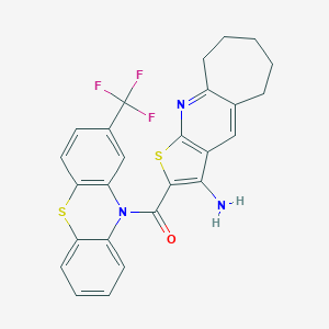 molecular formula C26H20F3N3OS2 B303790 2-{[2-(trifluoromethyl)-10H-phenothiazin-10-yl]carbonyl}-6,7,8,9-tetrahydro-5H-cyclohepta[b]thieno[3,2-e]pyridin-3-amine 
