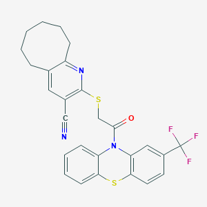 molecular formula C27H22F3N3OS2 B303791 2-({2-oxo-2-[2-(trifluoromethyl)-10H-phenothiazin-10-yl]ethyl}sulfanyl)-5,6,7,8,9,10-hexahydrocycloocta[b]pyridine-3-carbonitrile 