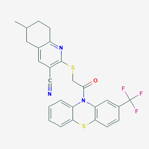 molecular formula C26H20F3N3OS2 B303792 6-methyl-2-({2-oxo-2-[2-(trifluoromethyl)-10H-phenothiazin-10-yl]ethyl}sulfanyl)-5,6,7,8-tetrahydro-3-quinolinecarbonitrile 
