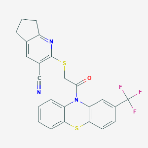 molecular formula C24H16F3N3OS2 B303793 2-({2-oxo-2-[2-(trifluoromethyl)-10H-phenothiazin-10-yl]ethyl}sulfanyl)-6,7-dihydro-5H-cyclopenta[b]pyridine-3-carbonitrile 