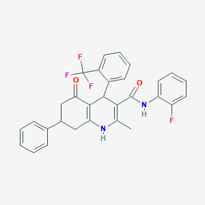 molecular formula C30H24F4N2O2 B303829 N-(2-fluorophenyl)-2-methyl-5-oxo-7-phenyl-4-[2-(trifluoromethyl)phenyl]-1,4,5,6,7,8-hexahydro-3-quinolinecarboxamide 