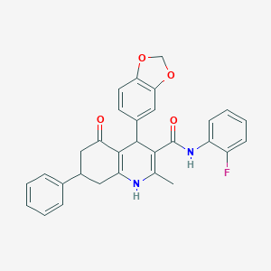 molecular formula C30H25FN2O4 B303845 4-(1,3-benzodioxol-5-yl)-N-(2-fluorophenyl)-2-methyl-5-oxo-7-phenyl-1,4,5,6,7,8-hexahydro-3-quinolinecarboxamide 