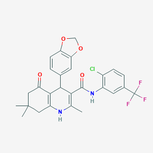 molecular formula C27H24ClF3N2O4 B303846 4-(1,3-benzodioxol-5-yl)-N-[2-chloro-5-(trifluoromethyl)phenyl]-2,7,7-trimethyl-5-oxo-1,4,5,6,7,8-hexahydro-3-quinolinecarboxamide 