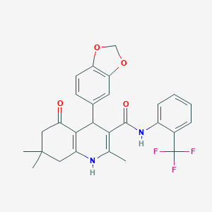 molecular formula C27H25F3N2O4 B303847 4-(1,3-benzodioxol-5-yl)-2,7,7-trimethyl-5-oxo-N-[2-(trifluoromethyl)phenyl]-1,4,5,6,7,8-hexahydro-3-quinolinecarboxamide 