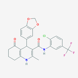 molecular formula C25H20ClF3N2O4 B303849 4-(1,3-benzodioxol-5-yl)-N-[2-chloro-5-(trifluoromethyl)phenyl]-2-methyl-5-oxo-1,4,5,6,7,8-hexahydro-3-quinolinecarboxamide 