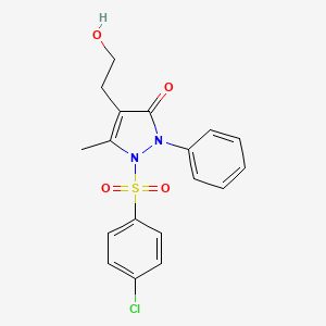 molecular formula C18H17ClN2O4S B3038491 1-[(4-chlorophenyl)sulfonyl]-4-(2-hydroxyethyl)-5-methyl-2-phenyl-1,2-dihydro-3H-pyrazol-3-one CAS No. 866040-21-3
