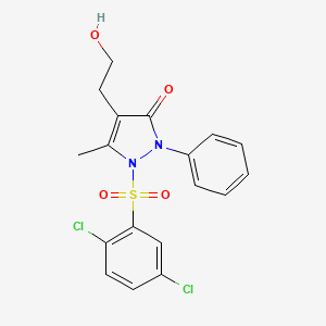 molecular formula C18H16Cl2N2O4S B3038492 1-[(2,5-dichlorophenyl)sulfonyl]-4-(2-hydroxyethyl)-5-methyl-2-phenyl-1,2-dihydro-3H-pyrazol-3-one CAS No. 866040-23-5