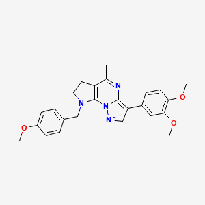 molecular formula C25H26N4O3 B3038558 10-(3,4-dimethoxyphenyl)-3-[(4-methoxyphenyl)methyl]-7-methyl-1,3,8,12-tetraazatricyclo[7.3.0.0^{2,6}]dodeca-2(6),7,9,11-tetraene CAS No. 866144-82-3