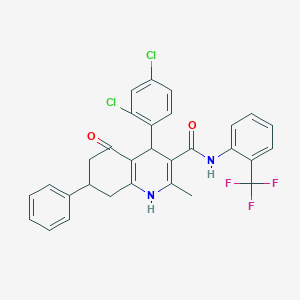 molecular formula C30H23Cl2F3N2O2 B303874 4-(2,4-dichlorophenyl)-2-methyl-5-oxo-7-phenyl-N-[2-(trifluoromethyl)phenyl]-1,4,5,6,7,8-hexahydro-3-quinolinecarboxamide 