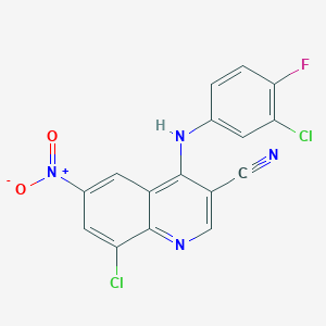 molecular formula C16H7Cl2FN4O2 B3038850 3-喹啉甲腈，8-氯-4-[(3-氯-4-氟苯基)氨基]-6-硝基- CAS No. 915369-47-0