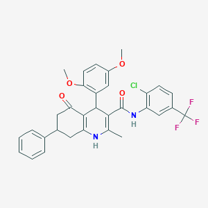 molecular formula C32H28ClF3N2O4 B303894 N-[2-chloro-5-(trifluoromethyl)phenyl]-4-(2,5-dimethoxyphenyl)-2-methyl-5-oxo-7-phenyl-1,4,5,6,7,8-hexahydro-3-quinolinecarboxamide 