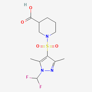 molecular formula C12H17F2N3O4S B3039086 1-((1-(二氟甲基)-3,5-二甲基-1H-吡唑-4-基)磺酰基)哌啶-3-羧酸 CAS No. 956935-30-1