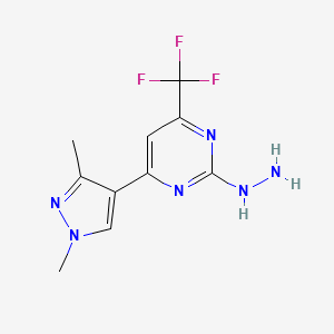 molecular formula C10H11F3N6 B3039266 4-(1,3-dimethyl-1H-pyrazol-4-yl)-2-hydrazinyl-6-(trifluoromethyl)pyrimidine CAS No. 1004644-03-4