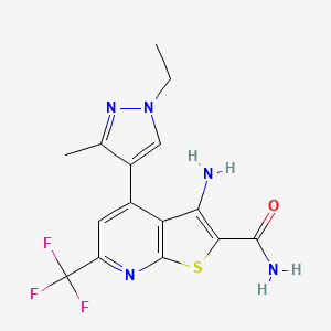 molecular formula C15H14F3N5OS B3039280 3-amino-4-(1-ethyl-3-methyl-1H-pyrazol-4-yl)-6-(trifluoromethyl)thieno[2,3-b]pyridine-2-carboxamide CAS No. 1005696-22-9