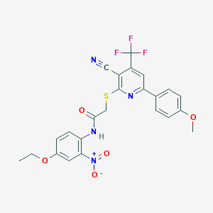 molecular formula C24H19F3N4O5S B304008 2-{[3-cyano-6-(4-methoxyphenyl)-4-(trifluoromethyl)-2-pyridinyl]sulfanyl}-N-{4-ethoxy-2-nitrophenyl}acetamide 