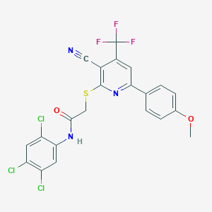 molecular formula C22H13Cl3F3N3O2S B304009 2-{[3-cyano-6-(4-methoxyphenyl)-4-(trifluoromethyl)-2-pyridinyl]sulfanyl}-N-(2,4,5-trichlorophenyl)acetamide 