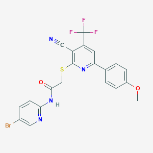 molecular formula C21H14BrF3N4O2S B304010 N-(5-bromo-2-pyridinyl)-2-{[3-cyano-6-(4-methoxyphenyl)-4-(trifluoromethyl)-2-pyridinyl]sulfanyl}acetamide 