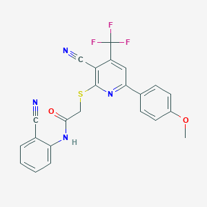 molecular formula C23H15F3N4O2S B304013 2-{[3-cyano-6-(4-methoxyphenyl)-4-(trifluoromethyl)-2-pyridinyl]sulfanyl}-N-(2-cyanophenyl)acetamide 