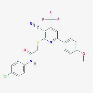molecular formula C22H15ClF3N3O2S B304014 N-(4-chlorophenyl)-2-{[3-cyano-6-(4-methoxyphenyl)-4-(trifluoromethyl)pyridin-2-yl]sulfanyl}acetamide 