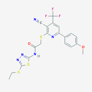 molecular formula C20H16F3N5O2S3 B304015 2-{[3-cyano-6-(4-methoxyphenyl)-4-(trifluoromethyl)-2-pyridinyl]sulfanyl}-N-[5-(ethylsulfanyl)-1,3,4-thiadiazol-2-yl]acetamide 