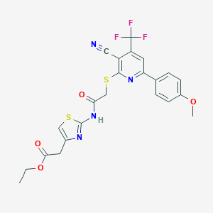 molecular formula C23H19F3N4O4S2 B304017 Ethyl {2-[({[3-cyano-6-(4-methoxyphenyl)-4-(trifluoromethyl)-2-pyridinyl]sulfanyl}acetyl)amino]-1,3-thiazol-4-yl}acetate 