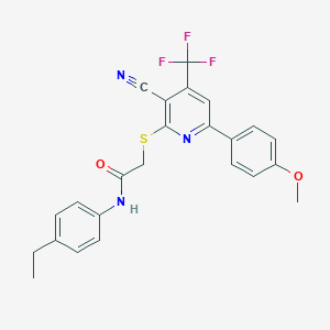 molecular formula C24H20F3N3O2S B304018 2-{[3-cyano-6-(4-methoxyphenyl)-4-(trifluoromethyl)-2-pyridinyl]sulfanyl}-N-(4-ethylphenyl)acetamide 
