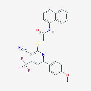 molecular formula C26H18F3N3O2S B304021 2-{[3-cyano-6-(4-methoxyphenyl)-4-(trifluoromethyl)-2-pyridinyl]sulfanyl}-N-(1-naphthyl)acetamide 
