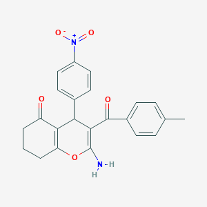 molecular formula C23H20N2O5 B304024 2-amino-4-{4-nitrophenyl}-3-(4-methylbenzoyl)-4,6,7,8-tetrahydro-5H-chromen-5-one 